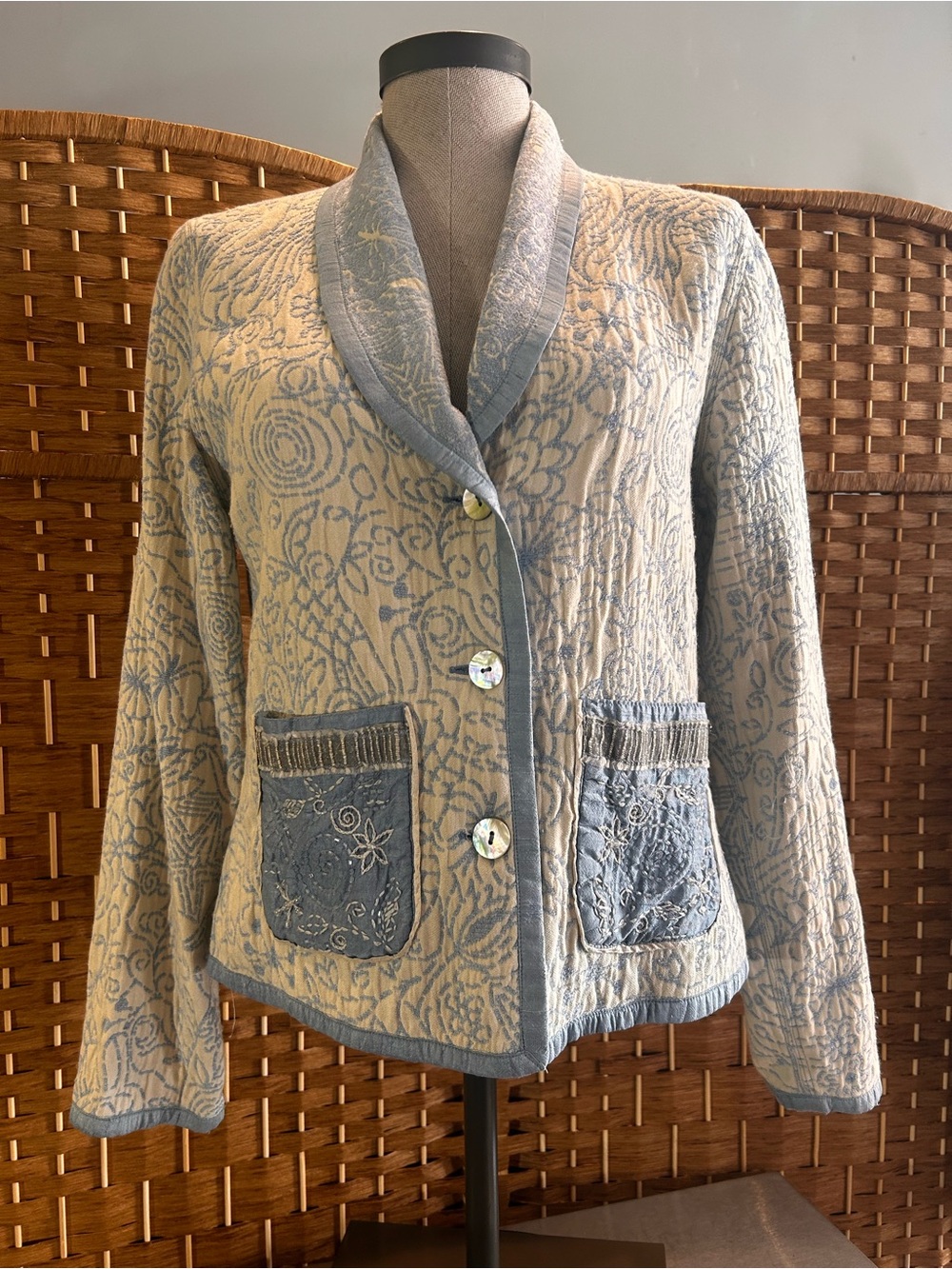 Patty Kim Reversible Quilted Jacket Blue Embroidered Beaded Art to Wear S